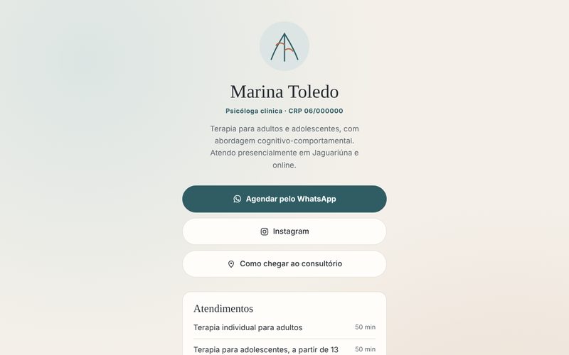 Página de contato da psicóloga Marina Toledo